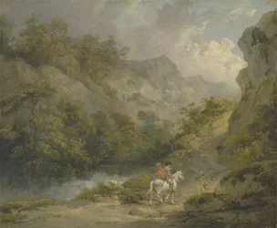 Paisagem rochosa com dois homens em um cavalo