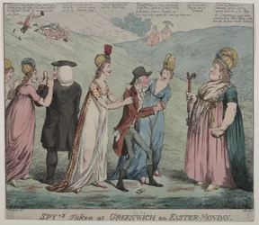 Mãe Windsor com quatro de suas cortesãs, ordena que suas meninas prendam o Bispo de Durham e Duque de Queensbury, 1798 (gravura a cores)