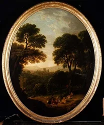 Paisagem arborizada com camponeses e gado em um caminho
