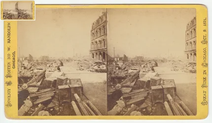 Estereografia de cofres tirados de ruínas na rua Dearborn após o incêndio de Chicago de 1871, 1871 (foto bw no cartão de montagem)
