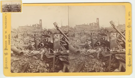 Estereografia das ruínas da Loja de Mamute de Campo & Leiter depois do Incêndio de Chicago de 1871, 1871 (foto bw em montagem de cartão)