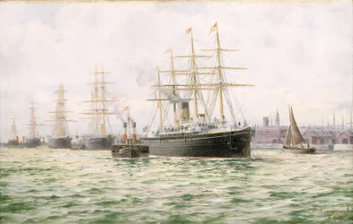 O navio a vapor "Adriatic" da White Star Line a sair de Liverpool, finais do século XIX (pintura a óleo)