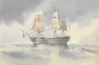 O "Britannia" atracou numa zona calma para receber um barco, provavelmente perto do cabo Cartago, arvorando a bandeira do contra-almirante Dundas, 27 de abril de 1852