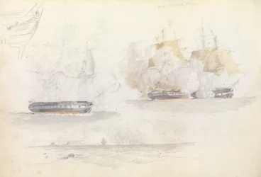 Quatro estudos de navegação, incluindo a ação de uma fragata