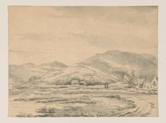 Paisagem montanhosa com algumas casas e um rio à esquerda