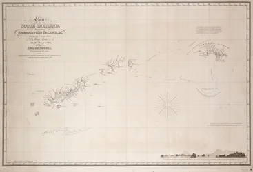 Carta das ilhas Shetland do Sul, incluindo a ilha da Coroação, a partir da exploração da chalupa Dove nos anos 1821 e 1822 por George Powell, comandante da mesma