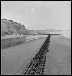 Vista para nordeste a partir da extremidade de Luccombe da praia de Shanklin, mostrando os andaimes do Almirantado (Obstáculo Z.1) a serpentear ao longo da costa (foto)