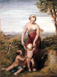 Uma mulher com dois filhos em uma paisagem montanhosa