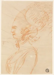 Retrato de perfil de meio comprimento de uma mulher voltada para a esquerda