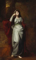Il Penseroso, ou melancolia: uma figura feminina, de corpo inteiro, vestindo roupas verdes pálidas, de pé em uma paisagem, apoiando o cotovelo esquerdo em um pedestal com um friso clássico,
