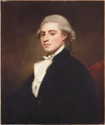 Retrato de James Dashwood, metade do comprimento, vestindo uma jaqueta azul e jabot branco