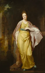 Retrato da Sra. Ellen Morewood, de pé, em um vestido amarelo, faixa azul e envoltório malva, apoiando o braço esquerdo em um pedestal,