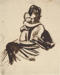 Estudo de retrato de uma mulher sentada a segurar uma criança