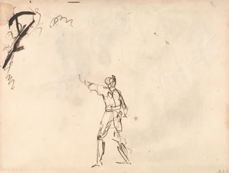 Figura em pé com o braço levantado, possivelmente Macbeth