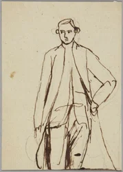 Figura masculina em pé, com a mão esquerda na anca, estudo de retrato