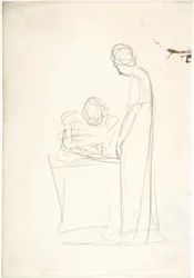 Estudo de duas figuras: uma sentada, a outra de pé (recto). Estudo de uma cabeça voltada para cima (verso)