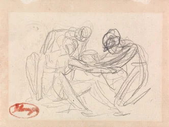 Duas figuras ajoelhadas diante de uma figura sentada