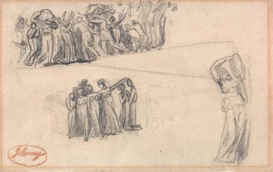 Dois esboços de mulheres e crianças em fuga e de uma figura feminina de pé a tocar pandeireta, como para Lady Anne Leveson em "Dancing Gower Children"