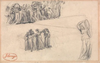 Dois esboços de mulheres e crianças em fuga e uma figura feminina em pé a tocar pandeiro, tal como para Lady Anne Leveson em «Dancing Gower Children»