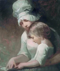 "Une mere et son enfant lisant" (Madame Cumberland et son fils) (A Mother and Child Reading) (Sra. Cumberland e seu filho) Peinture de George Romney (1734-1802) - Óleo sobre tela Dim 63,5x53,7 cm Colecção Privada
