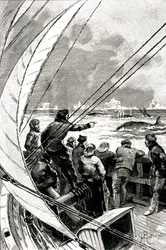 No mar em direcção ao Polo: a tripulação de um navio (veleiro) vê um grupo de baleias. Ilustração do romance de Jules Verne (1828-1905) "" The Ice Sphinx "".