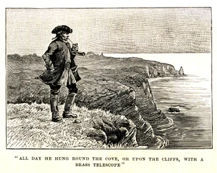 O Capitão Billy Bones observa a chegada dos piratas a partir do penhasco