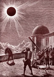 Exploradores no deserto africano observam o eclipse. 1888 (gravura)