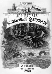 Frontispício do romance de Júlio Verne "Les histoires de Jean-Marie Cabidoulin" (1901), Coleção Hetzel/Extraordiaires, ilustração de George Roux. "Evocação de cenas marítimas: arpoamento de uma baleia, ataque de um navio por uma serpente marinha"