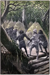 Ilustração de George Roux para o livro de Júlio Verne "A Aldeia Aérea" (1901), edição Hetzel/Viagens Extraordinárias, Mundos Conhecidos e Desconhecidos. Chegada dos exploradores à aldeia empoleirada nas árvores dos Wagddis (macacos da floresta congolesa)