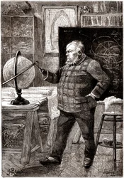 J. T. Maston, matemático e aventureiro, secretário do Gun-Club, personagem principal do romance de Júlio Verne "Sans dessus dessous", coleção Hetzel / voyages extraordinaires 1889. Desenho de George Roux.