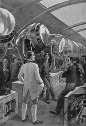 A mecânica em frente às suas máquinas, desenho de Roux em "O dia de um jornalista americano em 2889" por Jules Verne