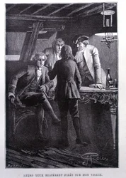 Cena da história na praça do navio: o jovem Jim Hawkins na frente do Dr. Livesey e do Chevalier Trelawnay - na "L