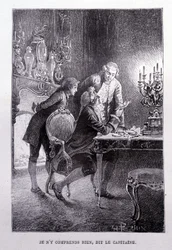 O jovem Jim Hawkins, Chevalier Trelawnay e Doctor Livesey reconciliam-se numa sala - em "L