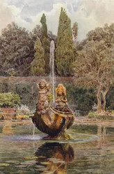 Jardins italianos: Villa Aldobrandini, Fonte no Parterre (litografia a cores)