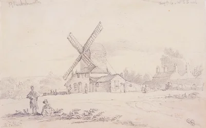 Vista do moinho com um moinho de vento em Blackheath, Greenwich, Londres, 1833