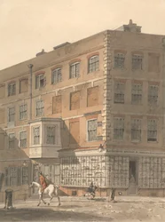 York House, a esquina da Villiers Street com a Strand, com o Ancient and Modern Print Warehouse da Richardson em primeiro plano