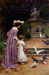 Alimentar os pombos. Mãe e filha alimentam pássaros num parque. No cimo das escadas está representada uma fonte. Pintura de George Sheridan Knowles (1863-1931 britânico) Coleção particular