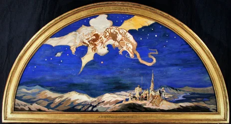 O Dragão que passa por cima dos viajantes (aguarela com cor de corpo e ouro sobre seda)