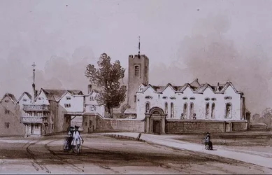Highgate School and Chapel, c.1840 (desenho de lavagem em tinta sépia)