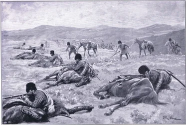 Um cossaco e seu cavalo: um dispositivo para proteger a cobertura durante uma escaramuça, ilustração deCassells História da Guerra Russo-Japonesa Vol 1, c.1900