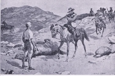 Um ato galante na marcha para Hoopstad, depois de Pretória: A guerra de guerrilha publicada por Harmsworth Bros Limited 1901
