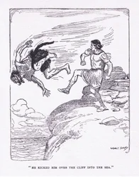 Pontapeou-o sobre o penhasco no mar, de The Heroes publicado por George Allen e Unwin 1929 (cor litho)