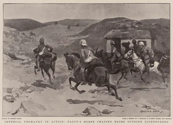 Yeomanry imperial em ação, cavalo de Paget perseguindo Boers fora de Lichtenberg