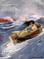 Perseu: "E longe e fora para o mar flutuou a mãe e o seu bebé" (cor litho)