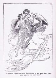 Perseu ergueu sua bela Andrômeda em seus braços e fugiu com ela para os topos dos penhascos, dos heróis publicados por George Allen e Unwin 1929