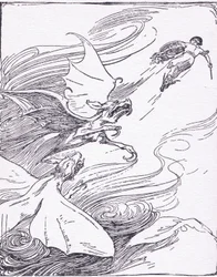 O sangue de Perseu ficou frio por toda a sua coragem quando ele os viu uivando em sua trilha, de The Heroes publicado por George Allen e Unwin 1929