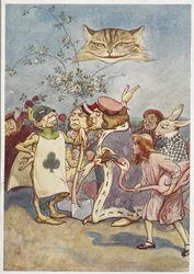 O gato de Cheshire a observar a Alice e o executor de cartas de jogo, com outros