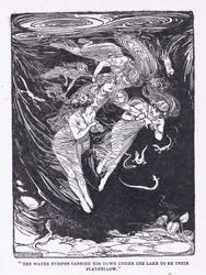 As ninfas da água levaram-no pelo lago até ao seu companheiro de brincadeira, de The Heroes publicado por George Allen e Unwin 1929 (litho)