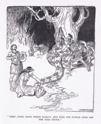 Então Jason saltou cansado e arrancou o velo do tronco da árvore, de The Heroes publicado por George Allen e Unwin 1929 (litho)