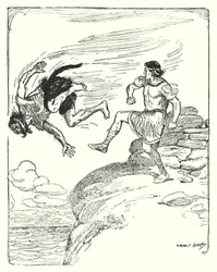 Estes: "Ele chutou-o sobre o penhasco para o mar" (litho)